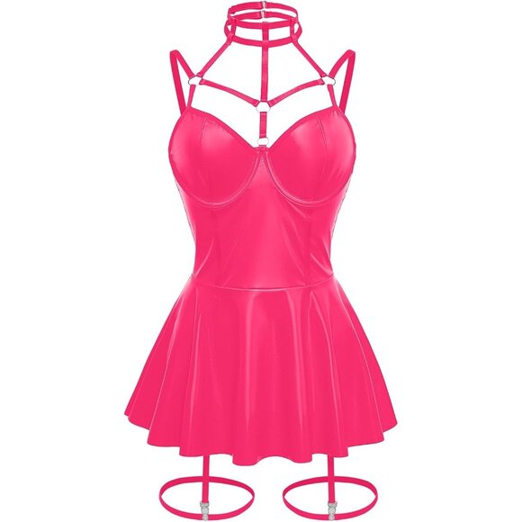 Women Hot Pink Strappy Leather Underwire Choker Garter Belt Lingerie Set Dress - Picture 6 of 6